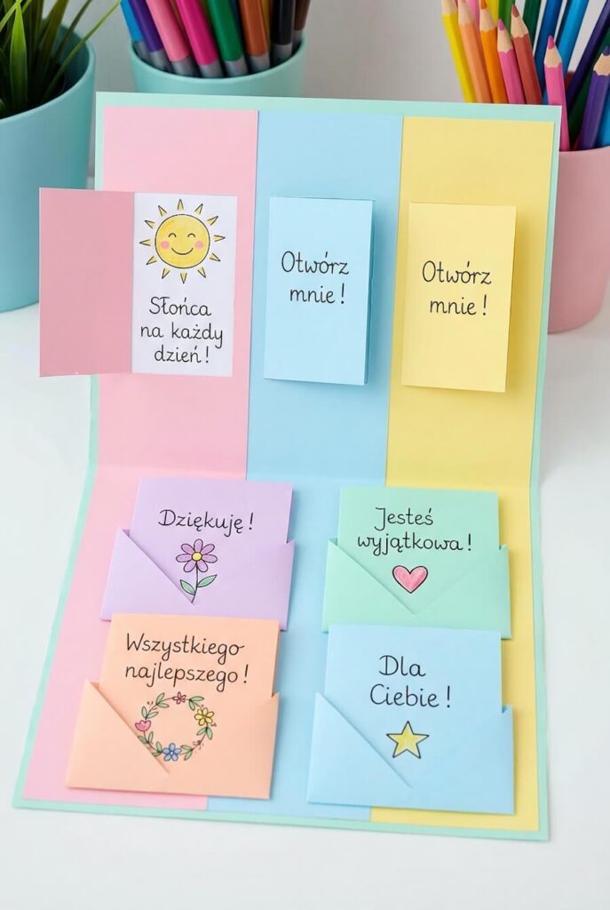 Wspaniała, kolorowa laurka z kieszonkami i okienkami niespodziankami z okazji Dnia Kobiet