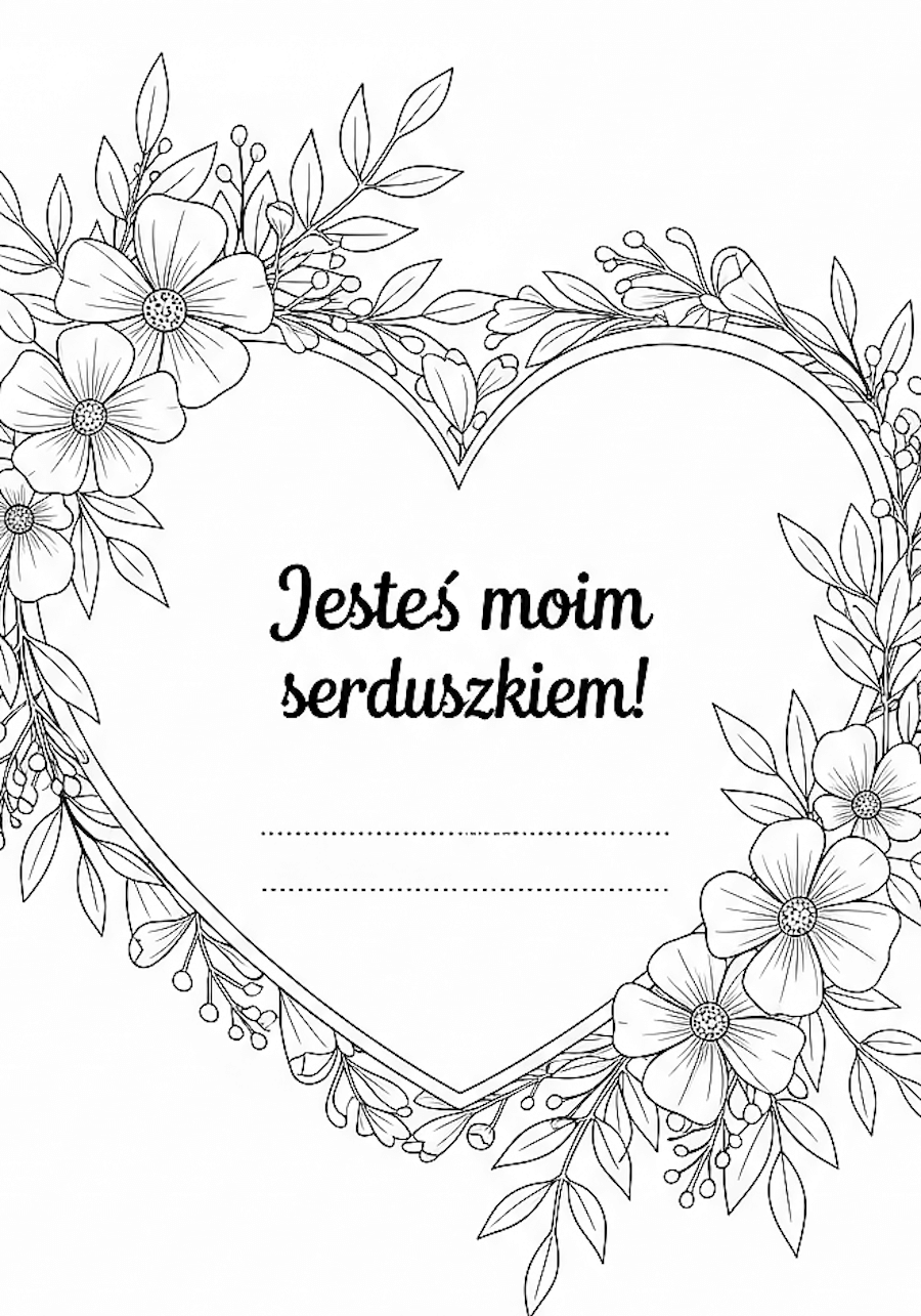 Serce w kwiatach, kolorowanka do pobrania, napis: Jesteś moim serduszkiem i miejsce na pozostały tekst