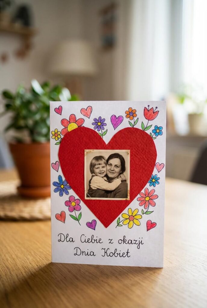 Oryginalna kartka, laurka z fotografią w serduszku do podarowania na Dzień Kobiet, położona na stole, w pokoju, z napisem: Dla Ciebie z okazji Dnia Kobiet