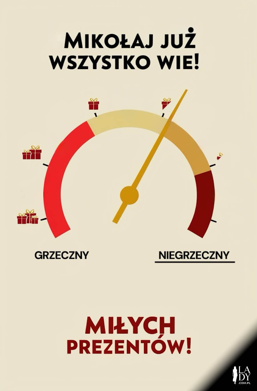 Oryginalna ilustracja pełna humoru, licznik grzeczności wskazujący bardziej na "niegrzeczny", z pozdrowieniami: Miłych prezentów
