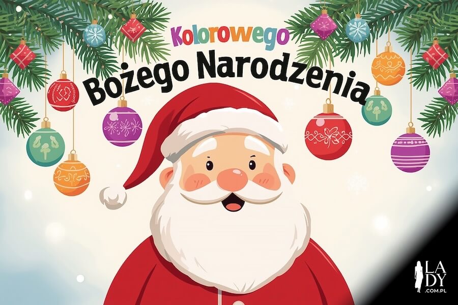 Duży uśmiechnięty Mikołaj w święta Bożego Narodzenia i kolorowe, wiszące bombki, z życzeniami: Kolorowego Bożego Narodzenia