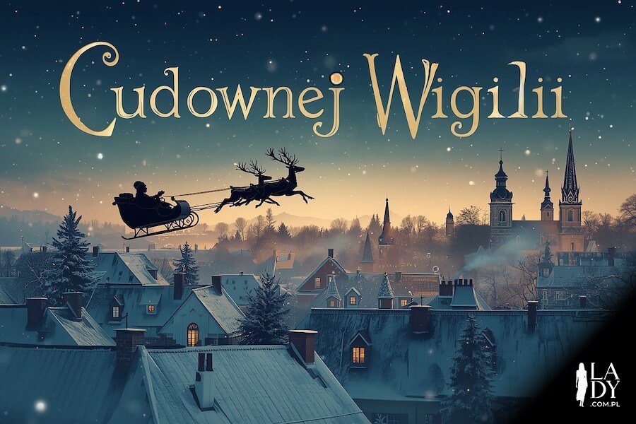 Mikołaj pędzący saniami z reniferami nad miastem w święta, z serdecznymi życzeniami: Cudownej Wigilii