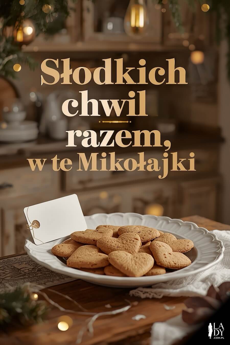 Prosta, ale urocza kartka z zabawnym przesłaniem, pierniki w kształcie serc na talerzu, w kuchni, z życzeniami: Słodkich chwil razem, w te Mikołajki