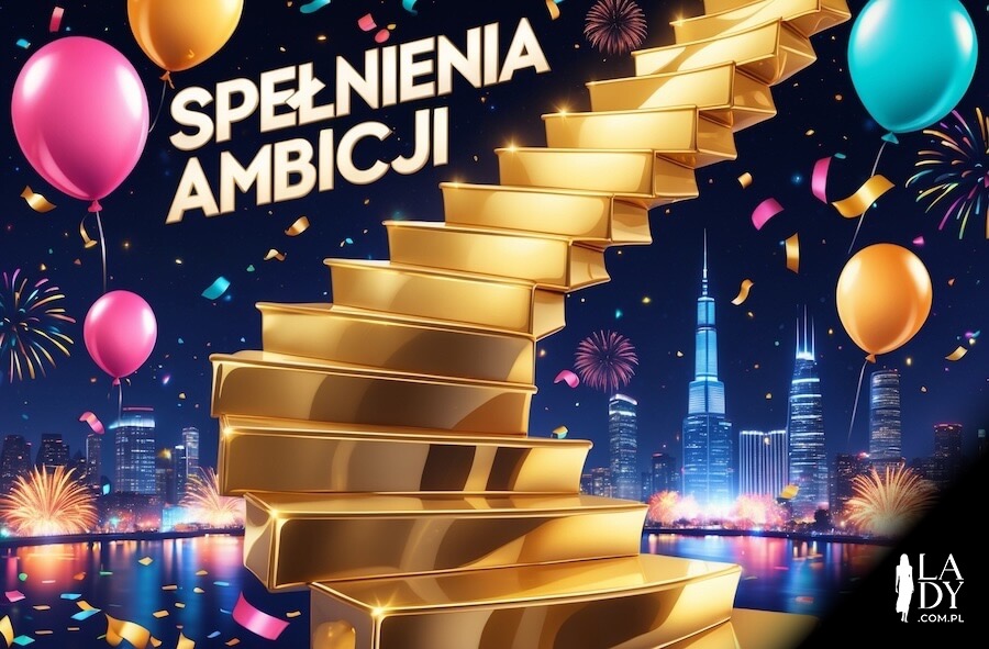Schody ze sztabek złota i balony, konfetti, Sylwestra w mieście, fajerwerki i napis: Spełnienia ambicji