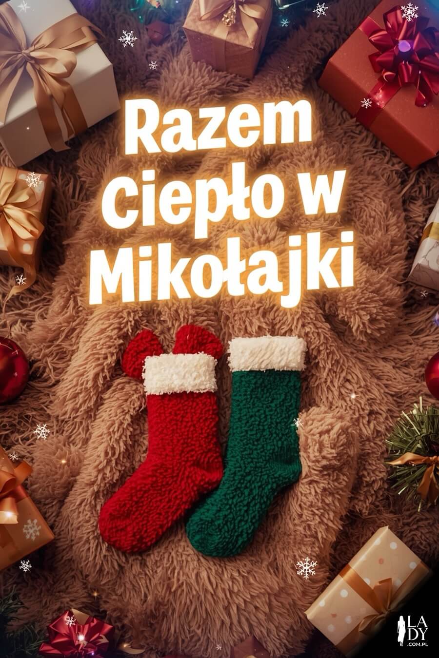 Świąteczna kartka w miłosnym stylu łączącym humor ze szczerością, ciepłe zimowe skarpetki i napis: Razem ciepło w Mikołajki