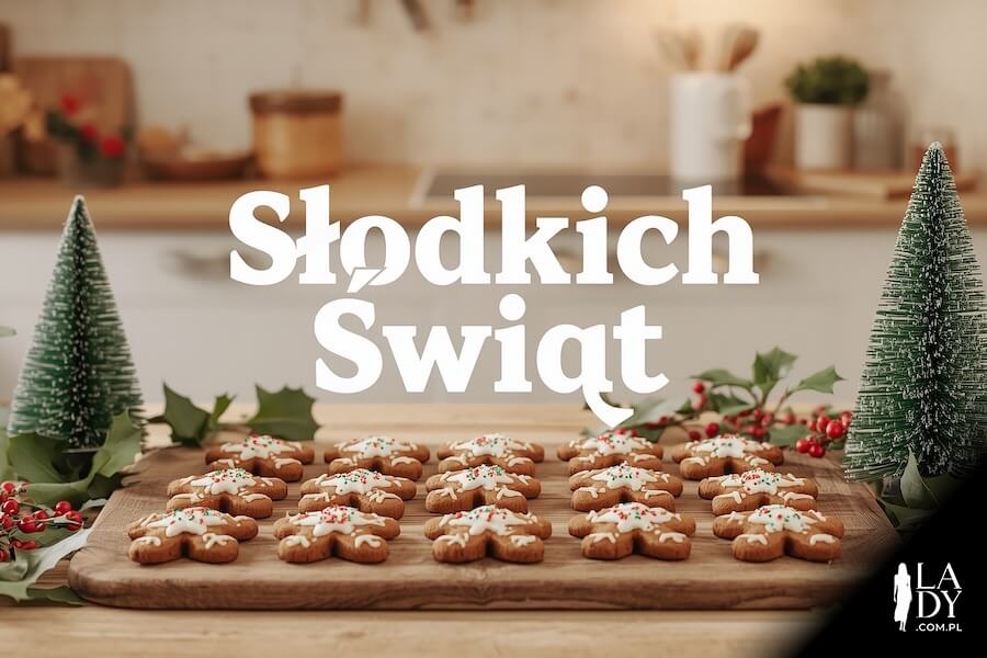 Słodkie wypieczone pierniczki świąteczne na stole z dekoracją w kuchni, z napisem: Słodkich Świąt