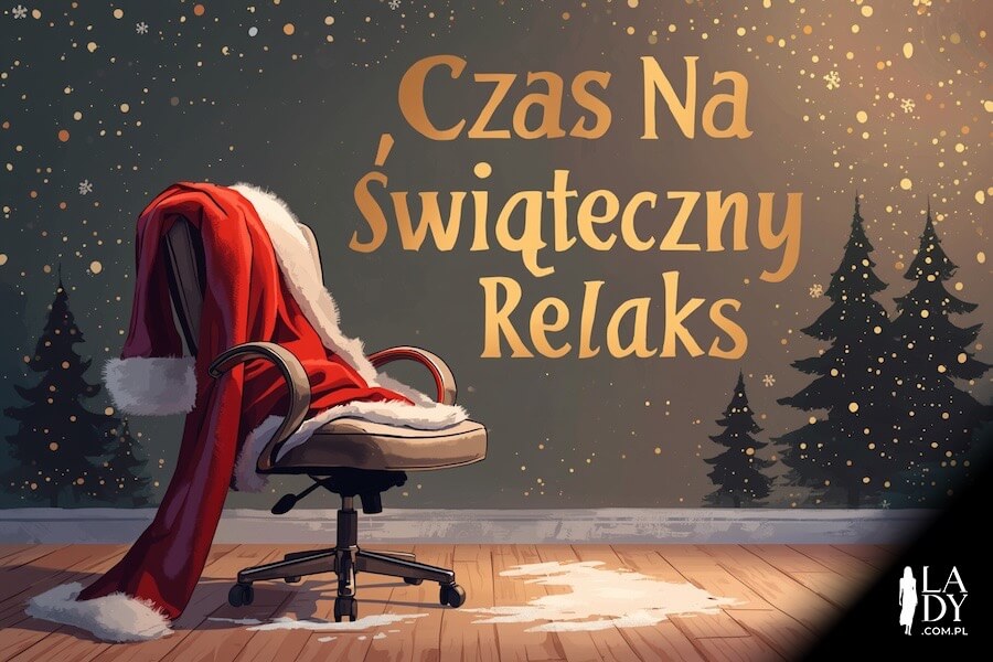 Strój Mikołaja na fotelu biurowym, choinki i napis w tle: Czas na świąteczny relaks