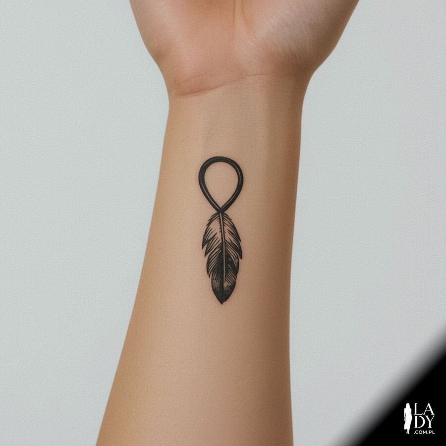 Tatuaż połączenie nieskończoności i piórka na ręce kobiety
