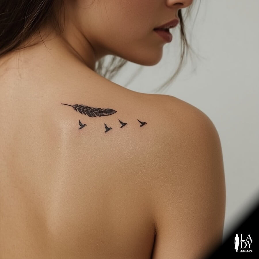 Tatuaż piórko z ptakami na plecach kobiety