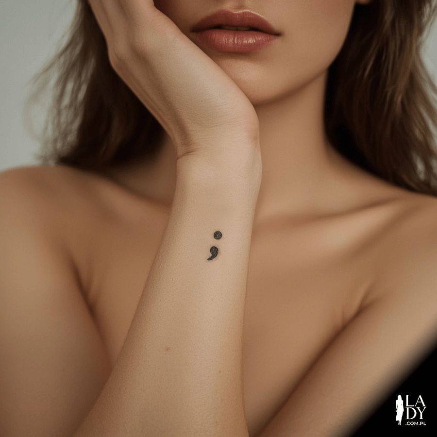 Tatuaż średnik na dłoni kobiety