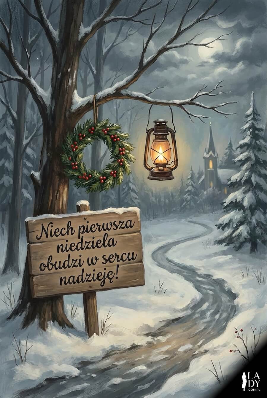 Drzewo zimą z wiszącą lampą i wieńcem, zaśnieżona droga oraz tabliczka z napisem: Niech pierwsza niedziela obudzi w sercu nadzieję