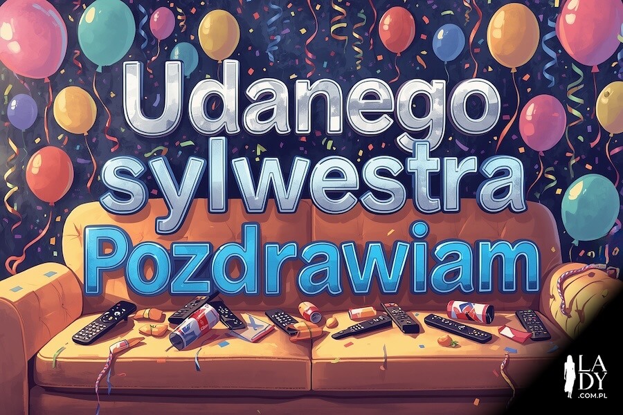Zabrudzona kanapa, piloty, jedzenie, kubki i balony, z napisem: Udanego sylwestra, pozdrawiam
