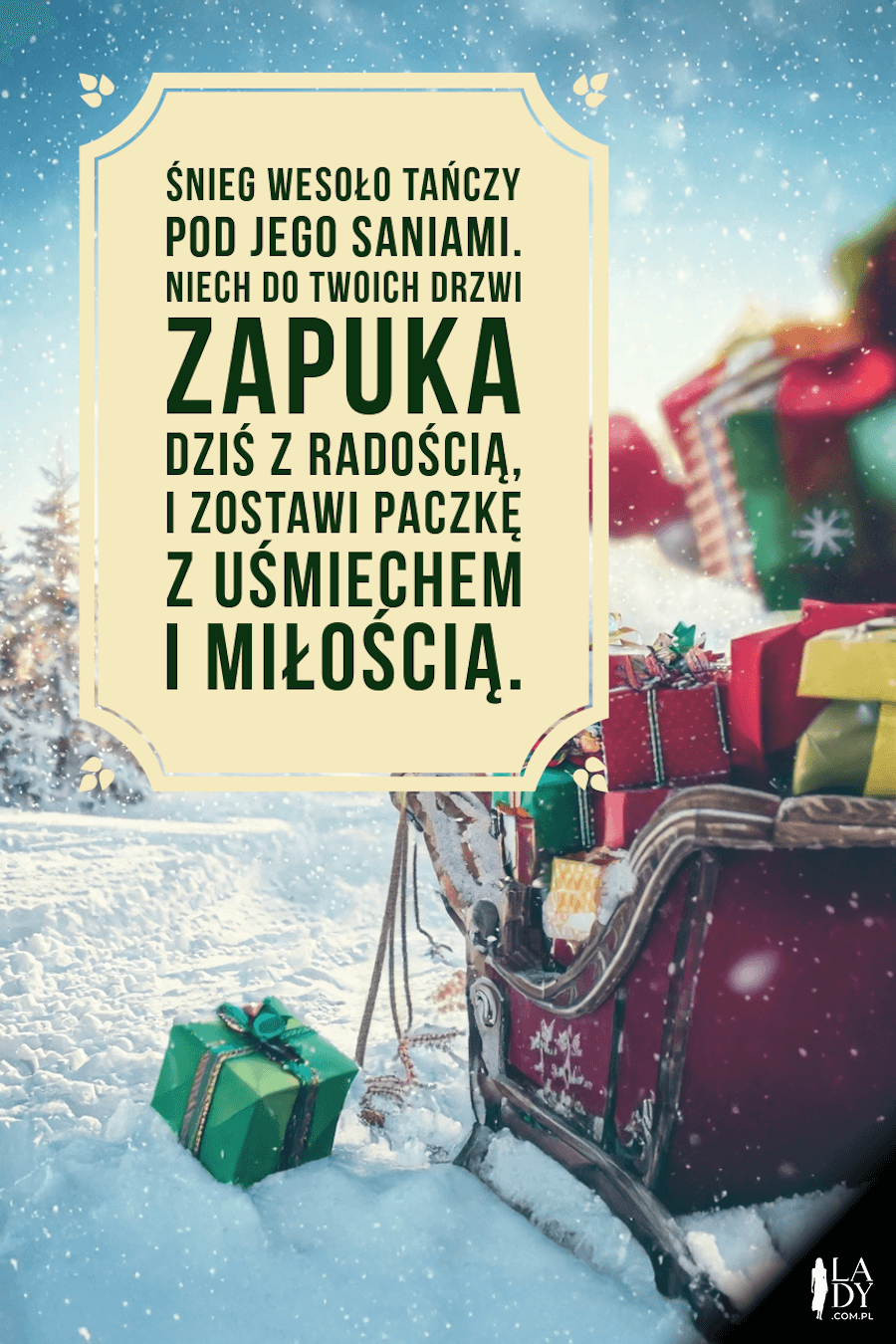 Wspaniała kartka dla najmłodszych z okazji Mikołajek, świąteczny wierszyk i sanie z prezentami na śniegu