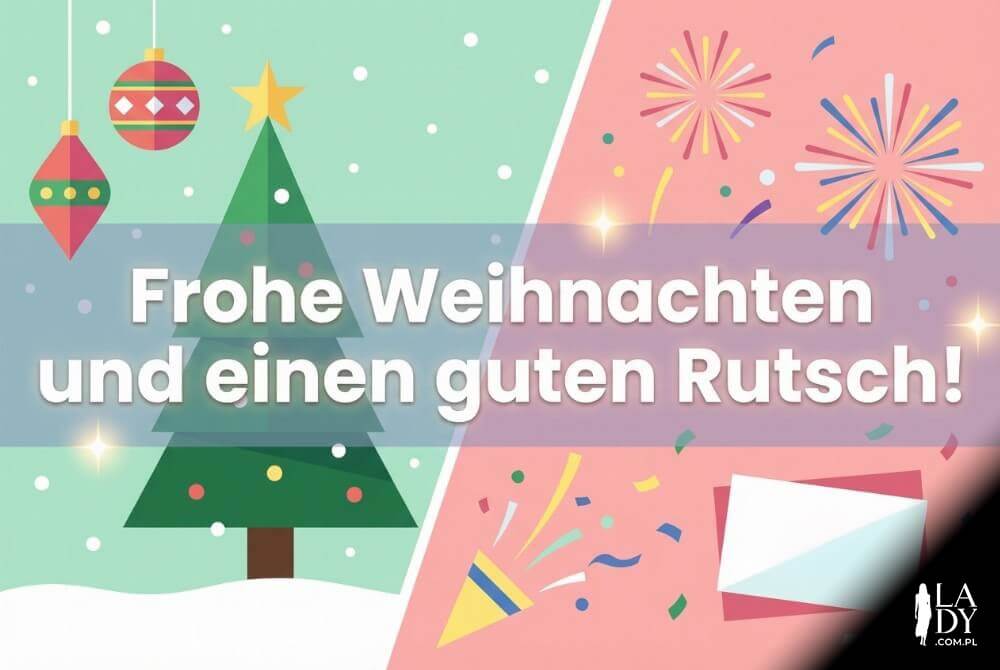 Minimalistyczna grafika łącząca motywy Świąt i Nowego Roku z dużym napisem Frohe Weihnachten und einen guten Rutsch!
