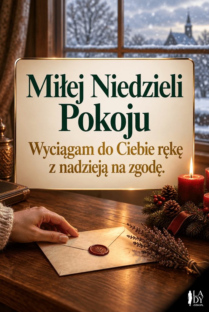 Dłoń kładąca kopertę obok płonącej drugiej świecy adwentowej przy oknie, poniżej życzenia miłej niedzieli pokoju