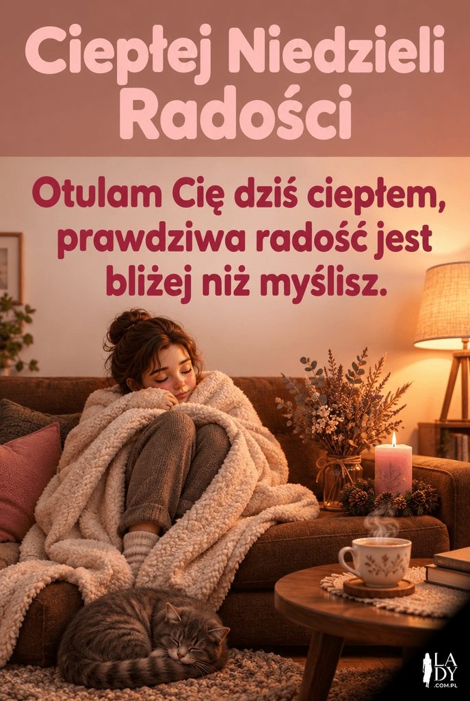 Osoba otulona kocem na kanapie obok różowej trzeciej świecy adwentowej i śpiącego kota, poniżej życzenia ciepłej niedzieli radości.
