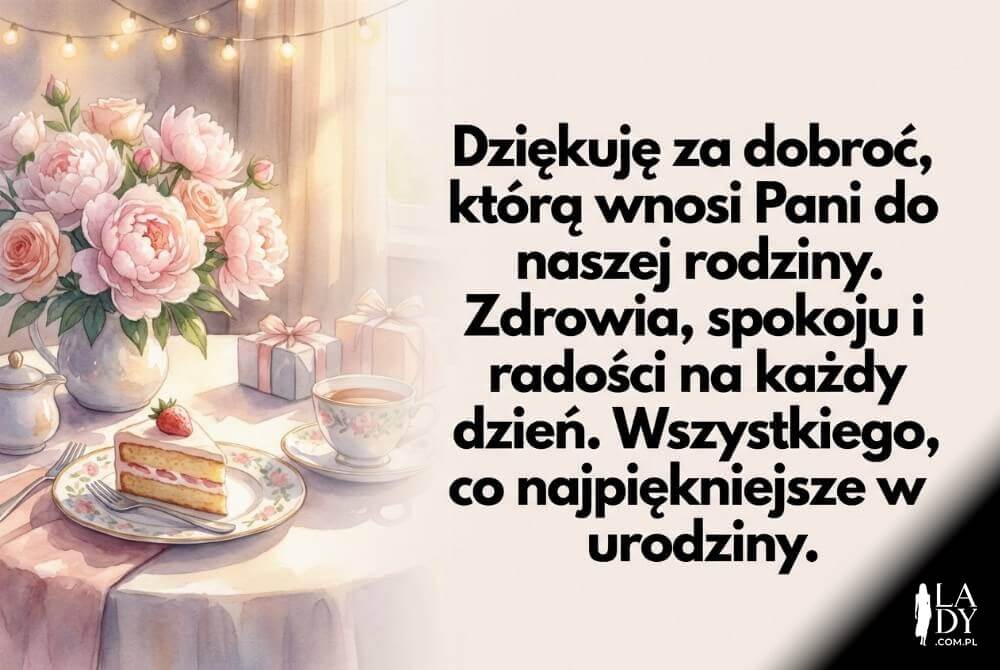 Akwarelowa, ciepła grafika urodzinowa z bukietem kwiatów i herbatą; duży, czytelny napis z wzruszającymi życzeniami dla teściowej