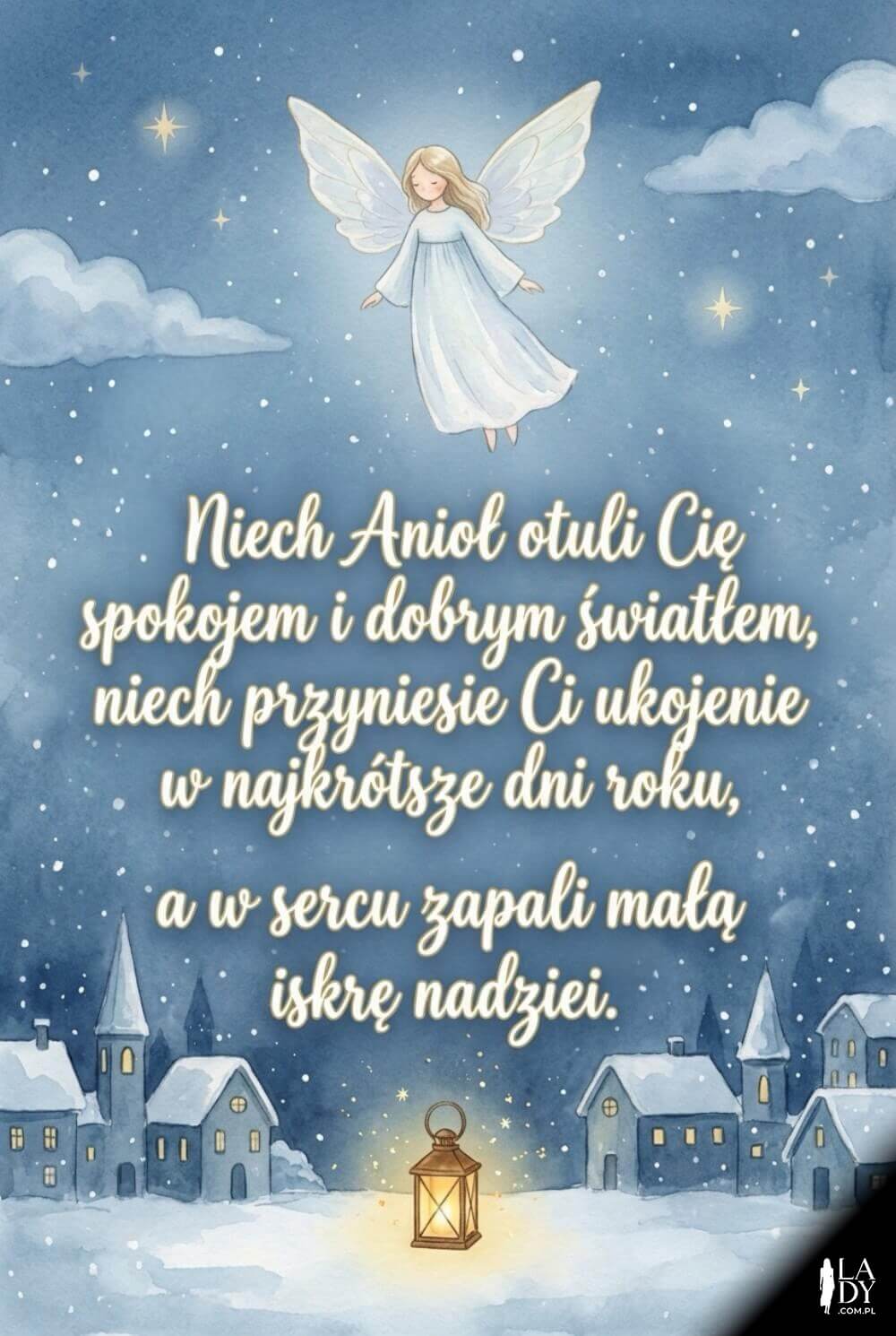 Akwarelowy anioł nad zimowym miasteczkiem i latarnią, z długimi życzeniami o spokoju, nadziei i opiece.