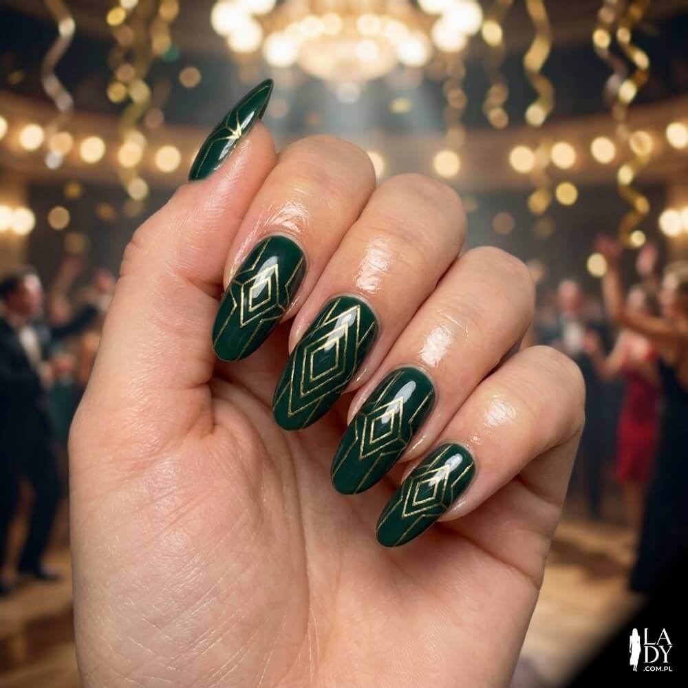 Zielone paznokcie we wzory geometryczne styl Art Deco Gatsby