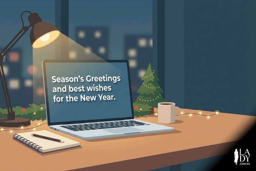 Minimalistyczna grafika biurowa z laptopem i dyskretnymi dekoracjami świątecznymi; na ekranie duży napis Season’s Greetings and best wishes for the New Year