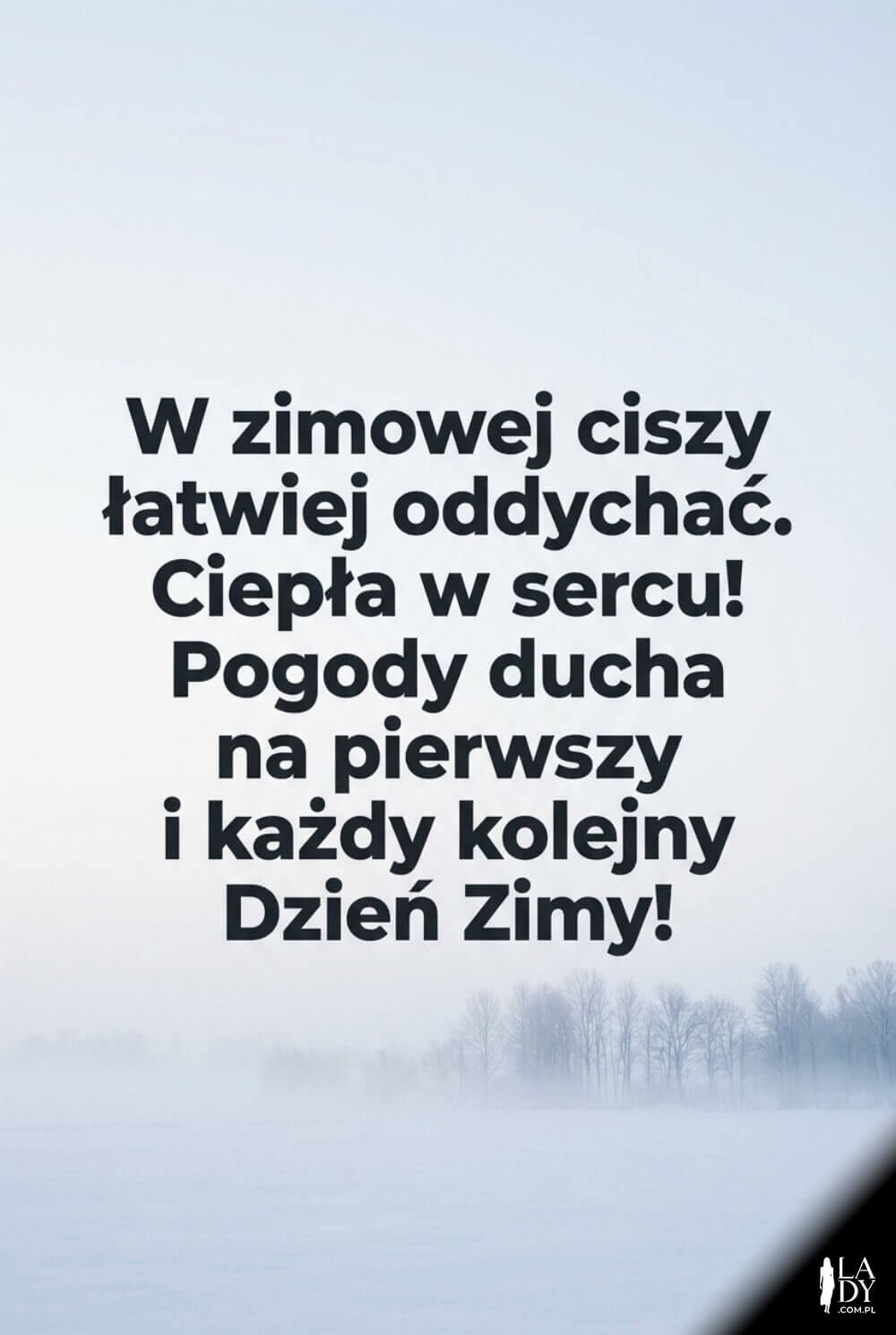 Prosta plakatowa grafika z zimowym tłem i krótkim cytatem o ciszy oraz cieple w sercu