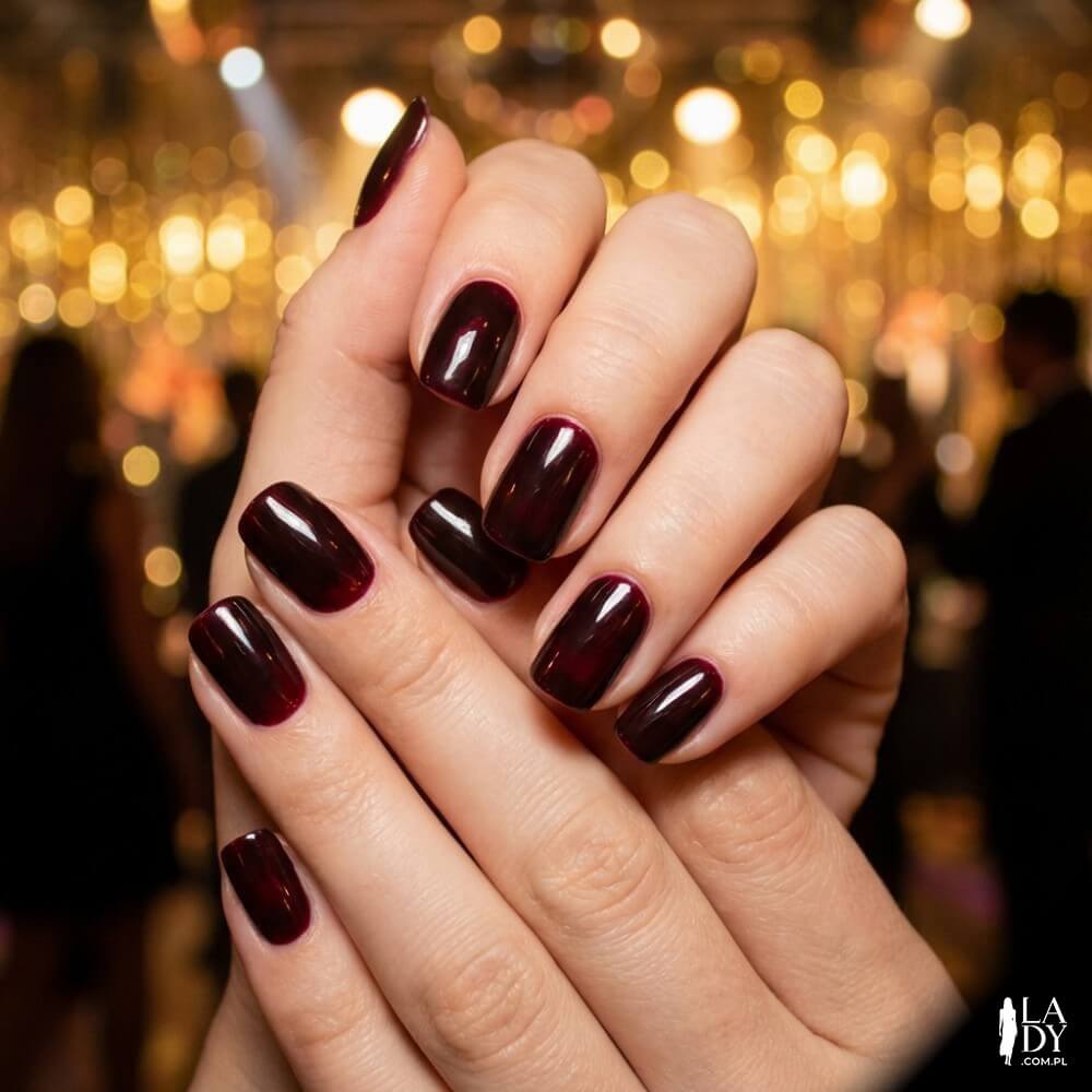 Głęboki burgund na paznokciach elegancka stylizacja sylwestrowa