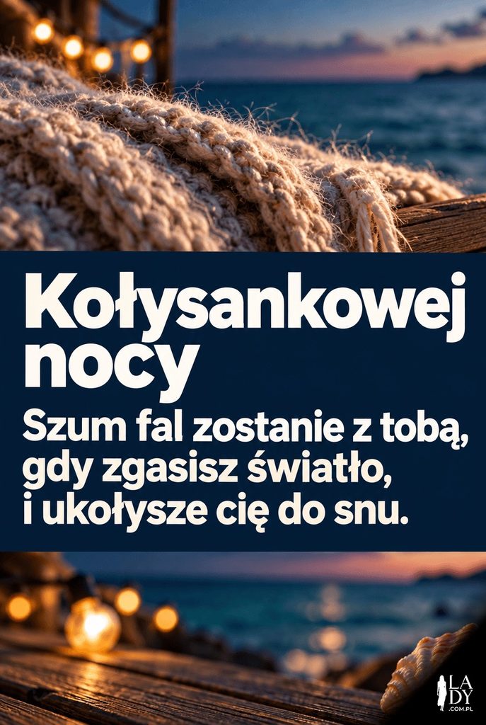 Makrofotografia wełnianego koca na hamaku z rozmytą girlandą lampek i morzem w tle o zmierzchu, kartka z dłuższym życzeniem „Kołysankowej nocy”