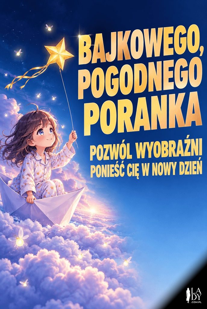 Anime: dziewczynka płynie papierową łódką po morzu chmur z latawcem-gwiazdą, z prawej błękitna strefa z tekstem "Bajkowego, pogodnego poranka".