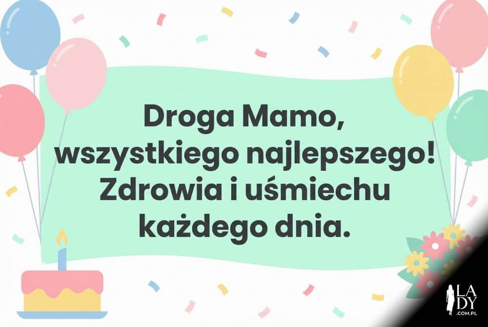 Pastelowa grafika flat design z balonami i tortem; krótki, czytelny tekst życzeń urodzinowych dla teściowej od synowej