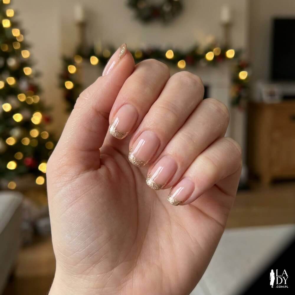 French manicure ze złotymi brokatowymi końcówkami mieniącymi się w świetle