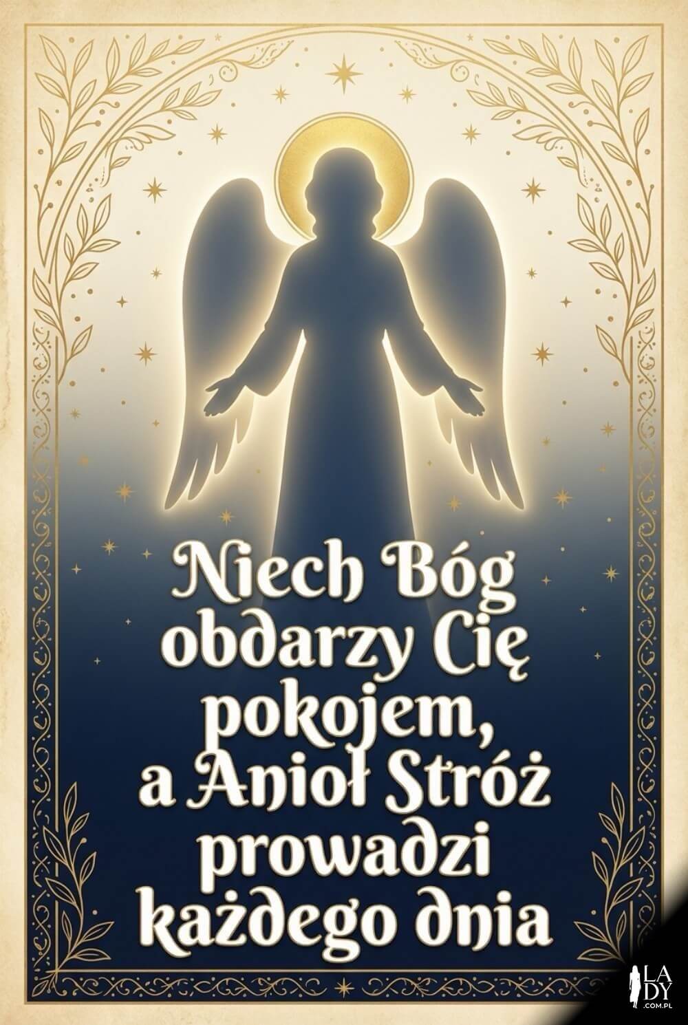 Ikonowa sylwetka anioła z aureolą na spokojnym tle i krótkie życzenia o pokoju oraz prowadzeniu.