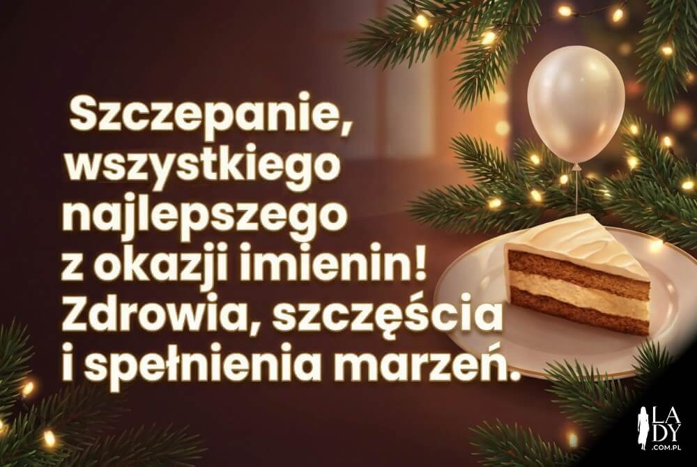 Marzycielska, pozioma ilustracja imienin Szczepana z ciastem i lampkami oraz dużymi życzeniami imieninowymi