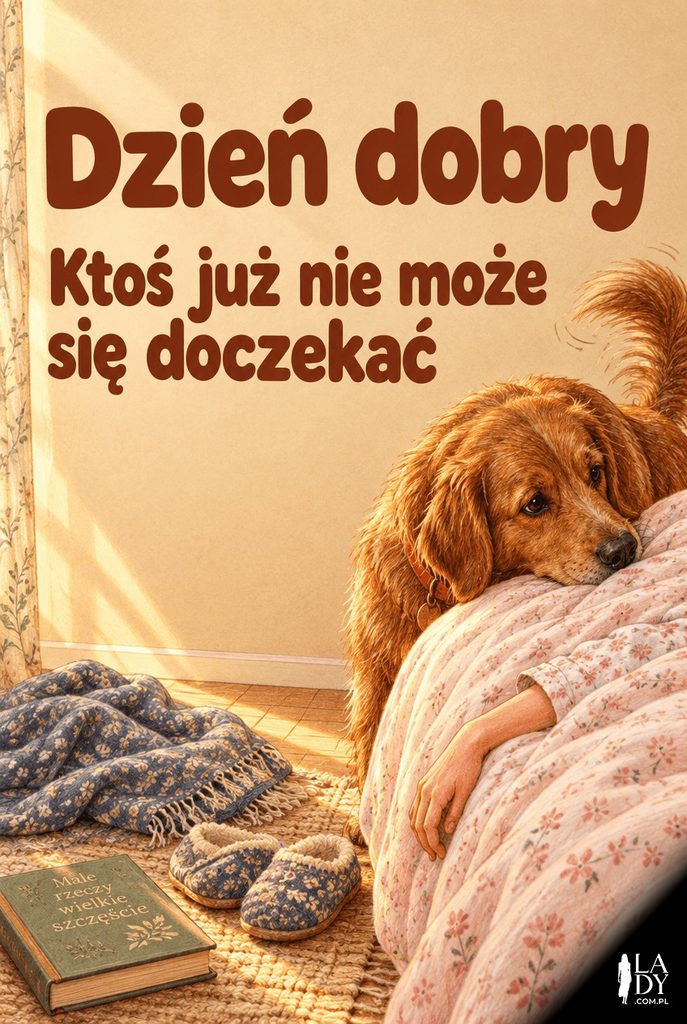 Urocza kartka na dzień dobry z psem opierającym pysk o łóżko i napisem Dzień dobry