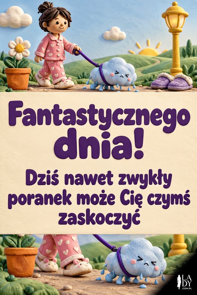Anime: dziewczynka płynie papierową łódką po morzu chmur z latawcem-gwiazdą, z prawej błękitna strefa z tekstem "Bajkowego, pogodnego poranka".