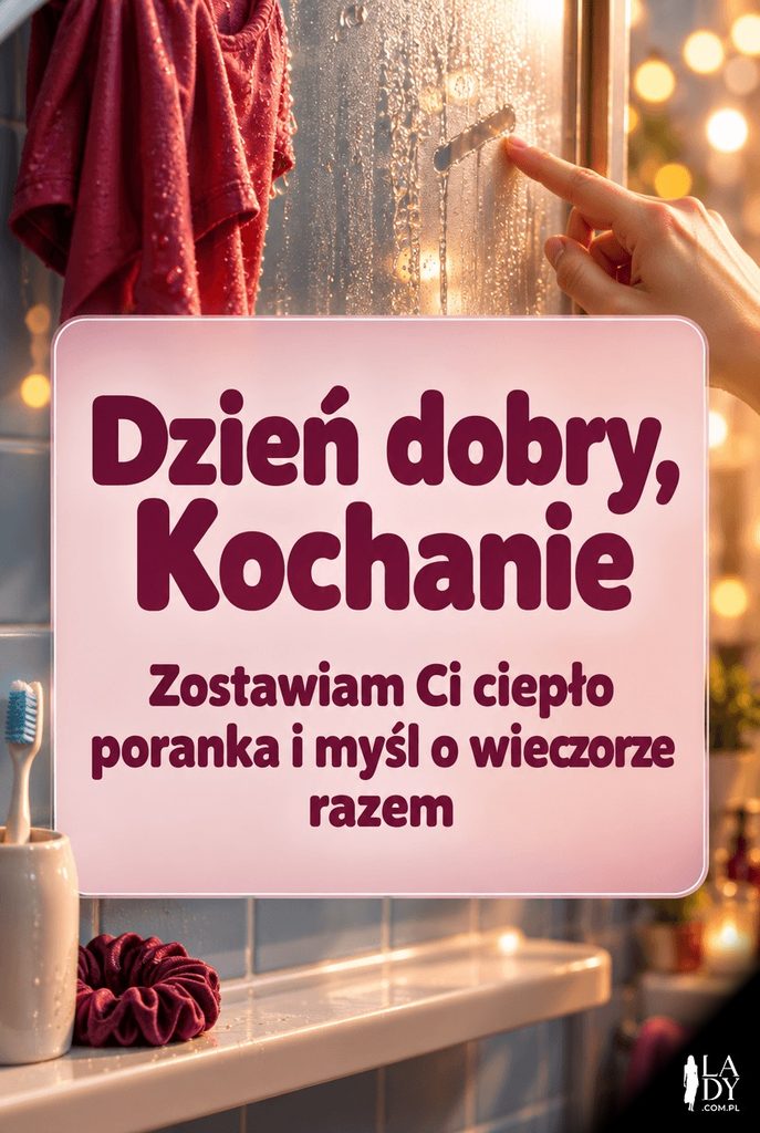 Miękki render 3D: liścik miłosny i róża na poduszce w porannym świetle, różowy panel z tekstem "Dzień dobry, Kochanie".