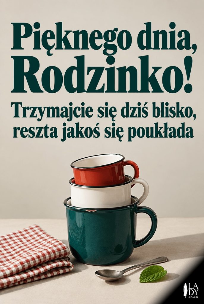 Rodzinna kartka na dzień dobry z trzema emaliowanymi kubkami różnej wielkości i napisem Pięknego dnia Rodzinko