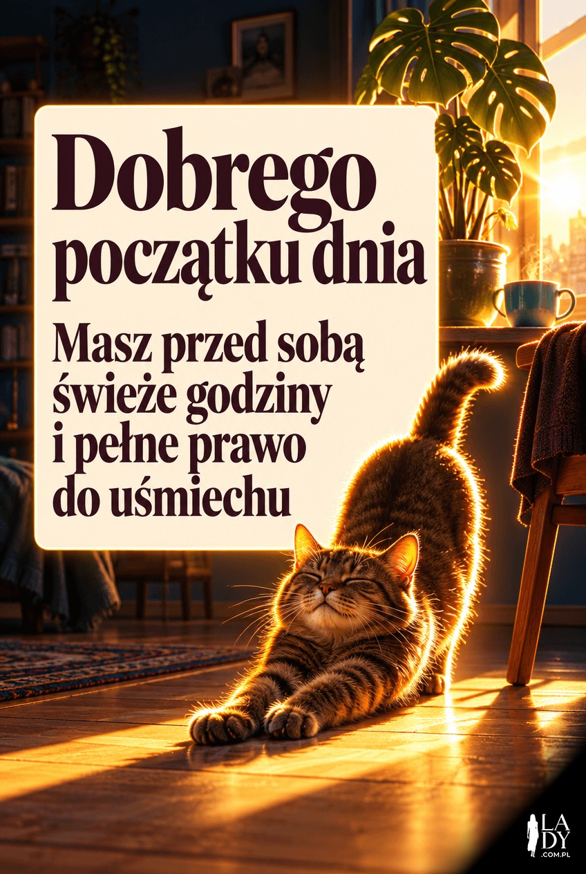 Kartka na dzień dobry ze wschodem słońca kładącym plamę światła na podłodze i kotem, napis Dobrego początku dnia