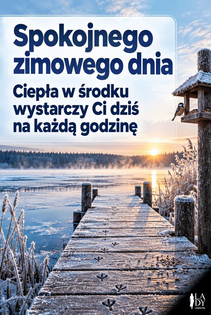 Zimowa kartka na dzień dobry z oszronionym pomostem i karmnikiem, z napisem Spokojnego zimowego dnia