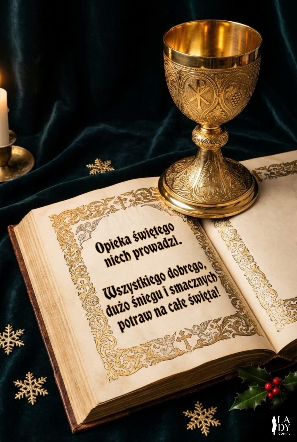 Złoty kielich i otwarta księga z ornamentem z napisem "Opieka świętego niech prowadzi"