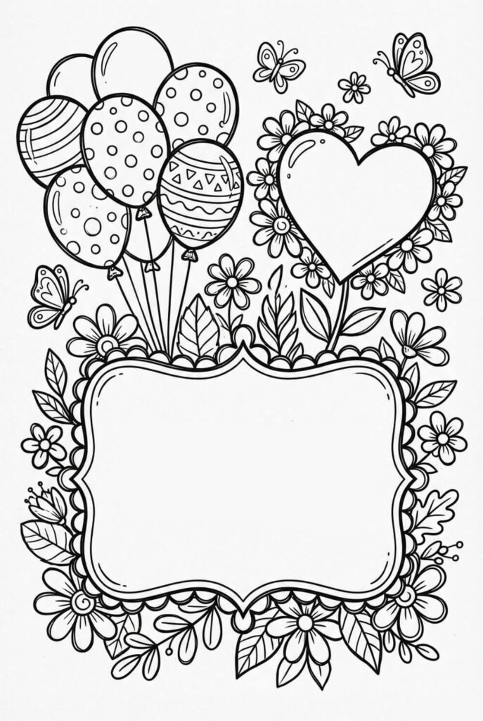 Czarno-biały szablon laurki imieninowej do kolorowania z miejscem na dedykację