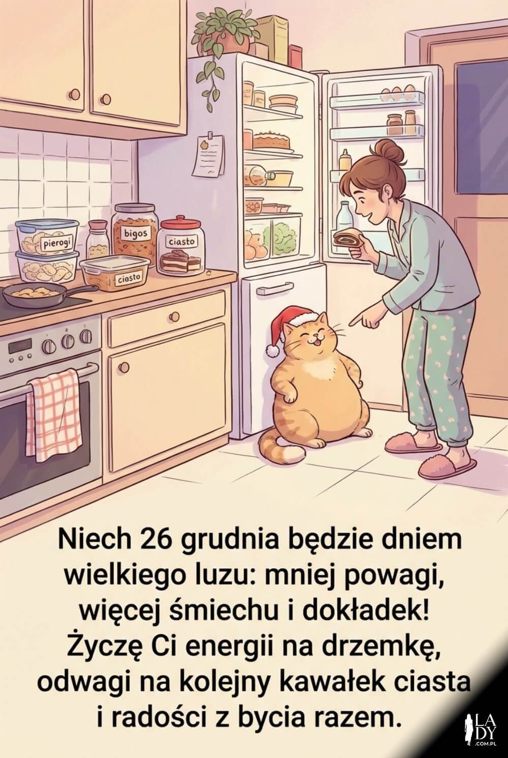 Komiksowa kartka po świętach: kot w czapce Mikołaja pilnuje lodówki, a domownicy żartują o dokładkach i leniwym 26 grudnia