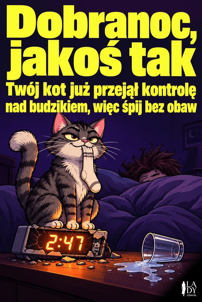 Rozbawiony kot siedzący na rozbitym budziku w nocy, w tle śpiący domownik, kartka z żartobliwym życzeniem „Dobranoc, jakoś tak”