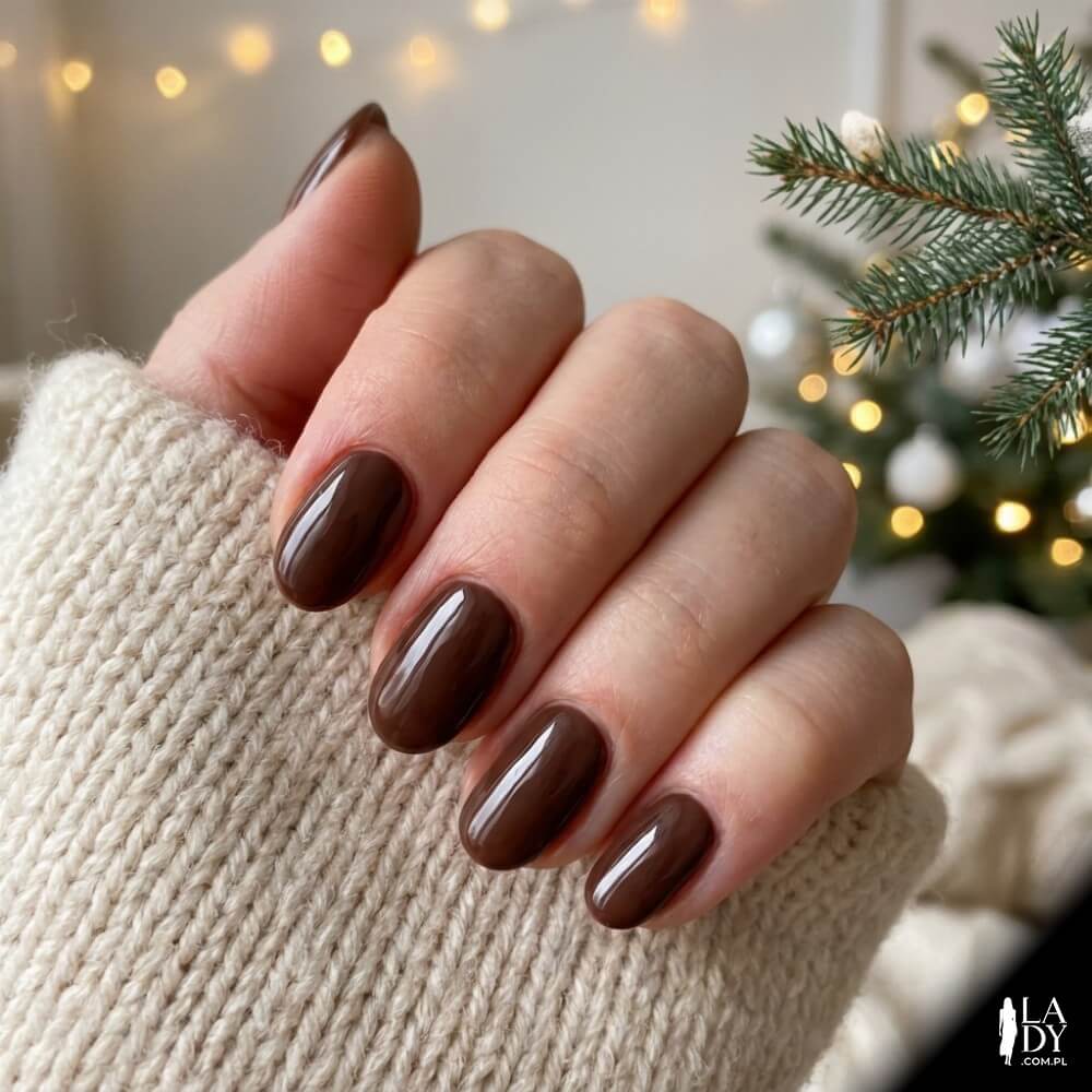 Krótkie owalne paznokcie w kolorze czekoladowego brązu w eleganckiej odsłonie