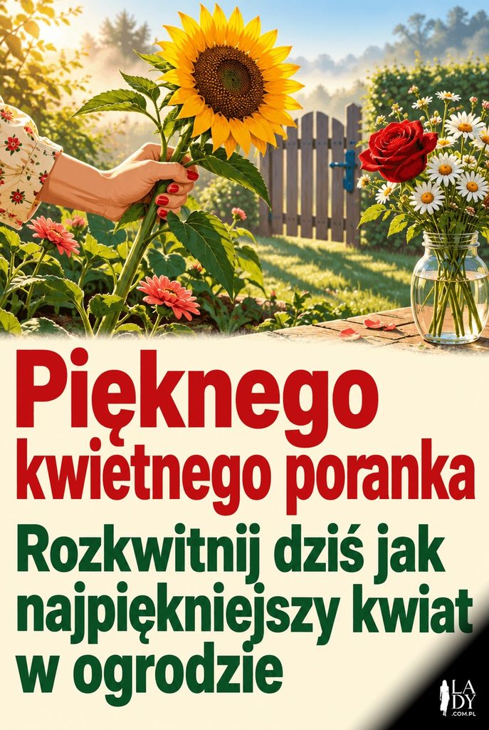Ilustracja wektorowa: dłoń zrywa słonecznik o poranku obok róży i stokrotek, u dołu kremowa strefa z życzeniami "Pięknego kwietnego poranka".