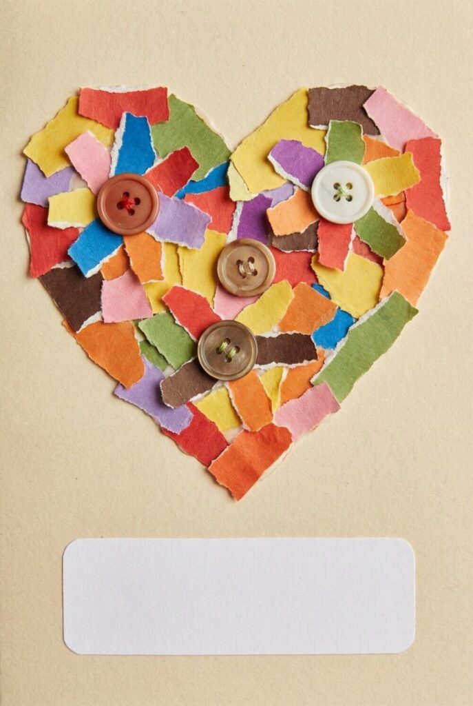 Laurka wykonana techniką kolażu i wydzieranki z guzikami oraz miejscem na dedykację