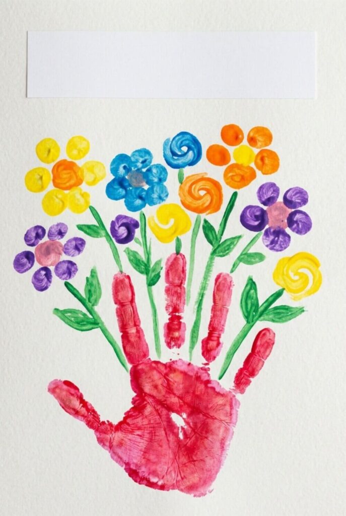 Laurka z odciskiem dłoni dziecka ułożonym w kształt bukietu, z miejscem na dedykację