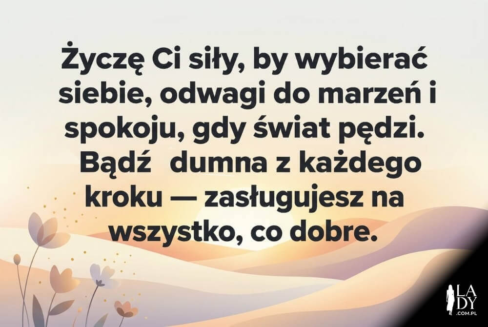 Ilustracja wschodu słońca i abstrakcyjnych kształtów; w centrum duży napis z mądrymi życzeniami urodzinowymi