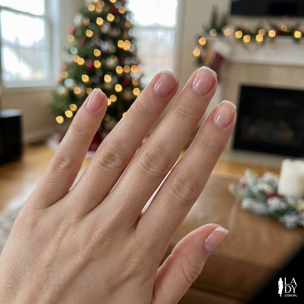 Krótkie paznokcie z bardzo cienkim białym paskiem na końcówce w stylu micro french