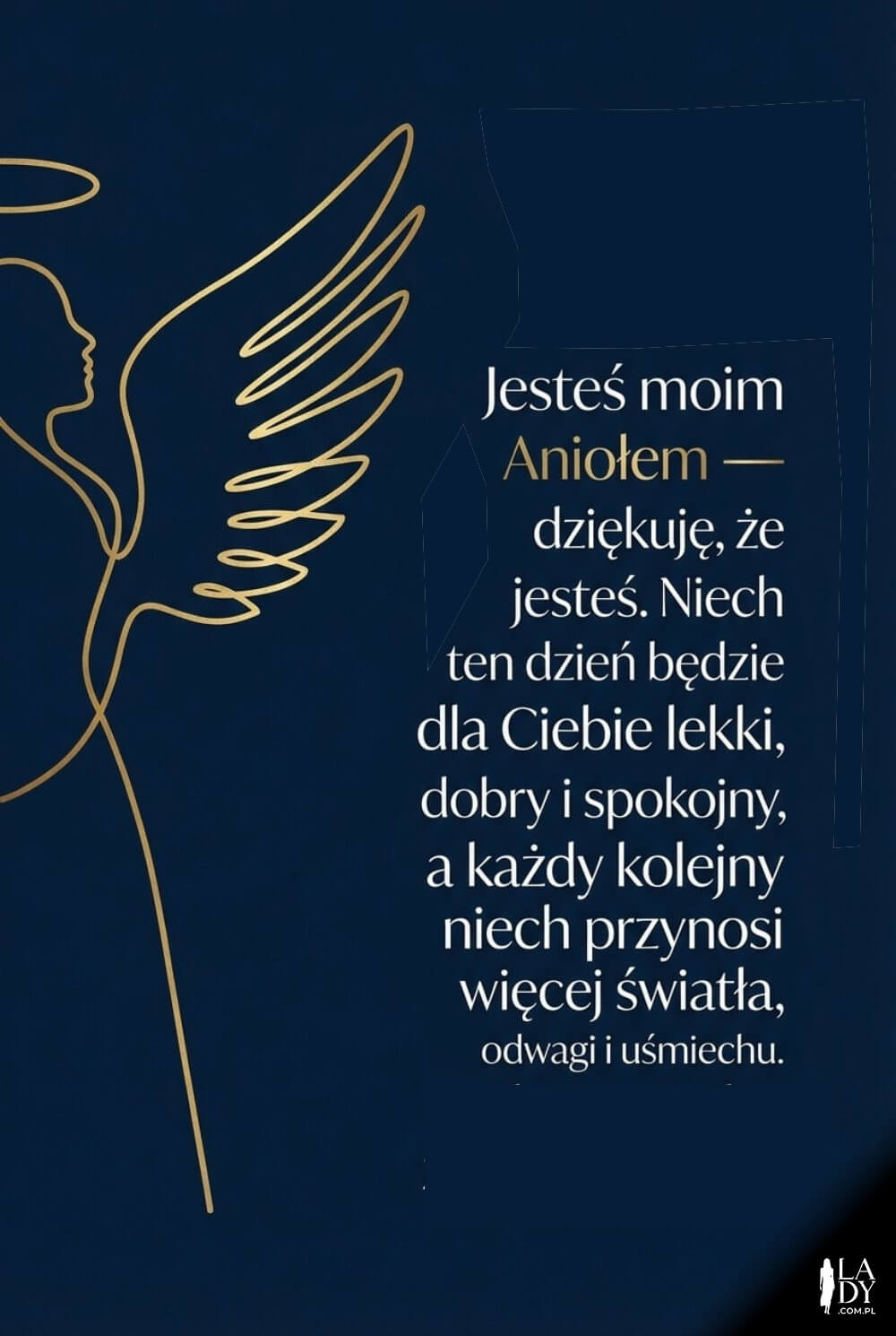 Minimalistyczny kontur anioła na granatowym tle z długimi, bardzo czytelnymi życzeniami wdzięczności i dobra.