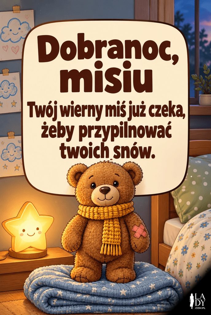 Pluszowy miś z łatką stojący jak strażnik przy łóżku dziecka obok gwiazdkowej lampki, kartka z życzeniem „Dobranoc, misiu”